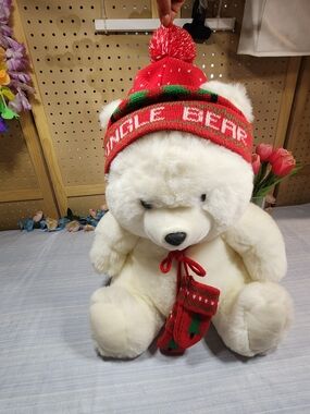 Vintage Jingle Bear CHH Exclusive White Teddy Bear Christmas Beanie Mittens Kore